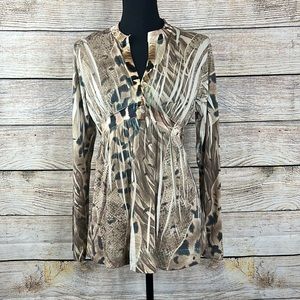 California Bloom Animal Print Long Sleeve Babydoll Blouse (Top) Size L NWT